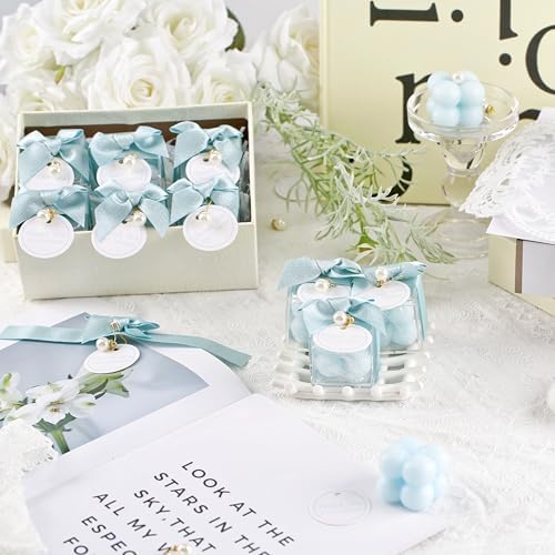 ACITHGL 30 Sets Fully Assembled Small Bubble Candle Party Favors for Guests Bulk Bridal Showers Favors Candles with Stylish Ribbons Thank You Cards Gifts (Shimmering Blue) - Image 6