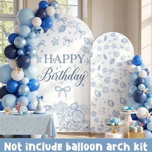 Serencatcher 7.2ft 6ft Blue Bow Seashell Birthday Arch Backdrop Covers 2pcs - Image 6