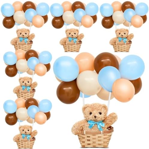 Hollowfly 6 Set Bear Baby Shower Party Decoration Table Centerpieces 6 Gender Reveal Stuffed Plush Bears 6 Bamboo Baskets 60 Colorful Balloons 12 Balloon Stands Birthday Party Wedding(Blue) by Hollowfly