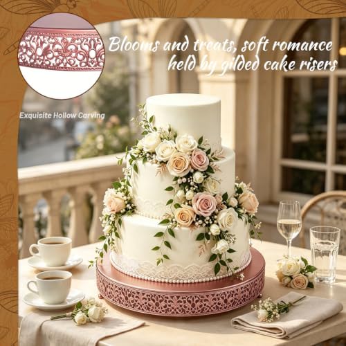 16 Inch Rose Gold Cake Stand, Round Metal Dessert Display with Ornate Filigree Lace, Dual‑Coated Premium Finish for Wedding, Anniversary & Elegant Home Decor - Image 2