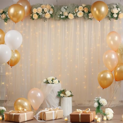 10x10ft Champagne Tulle Backdrop Curtain with Lights String for Parites, Sheer Backdrop Curtains for Wedding Baby Shower Birthday Party Photo Shoot Decorations - Image 2