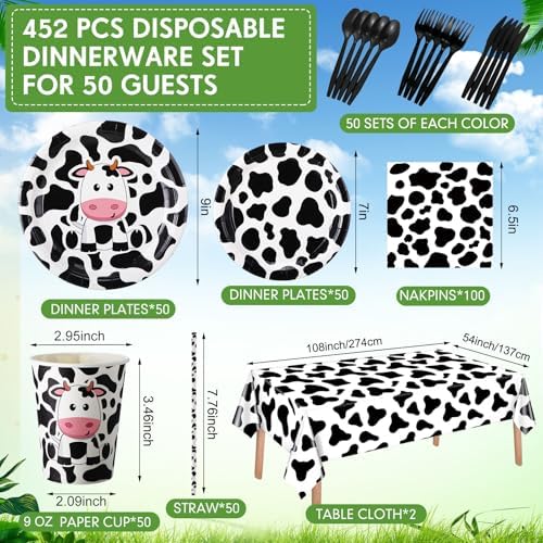 Potchen 452 Pcs Cow Themed Party Supplies Serve 50, Black White Pink - Image 3
