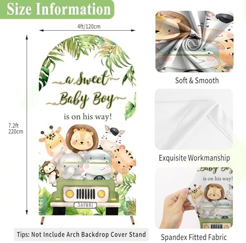 7.2ft Safari Baby Shower Arch Backdrop Cover,Jungle Cartoon Animals Palm Leaves A Sweet Baby Boy is On His Way Arch Covers Backdrop for Boys Baby Shower Party Banquet Decorations - Image 5