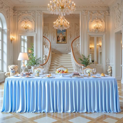 Blue Satin Tablecloths Rectangle 8FT, Glitter Spandex Fitted Stretch Table Covers Wrinkle-Free Floor Length Shimmer Table Skirt for Weddings Parties Baby Shower Banquets Vendor Events by Partisky