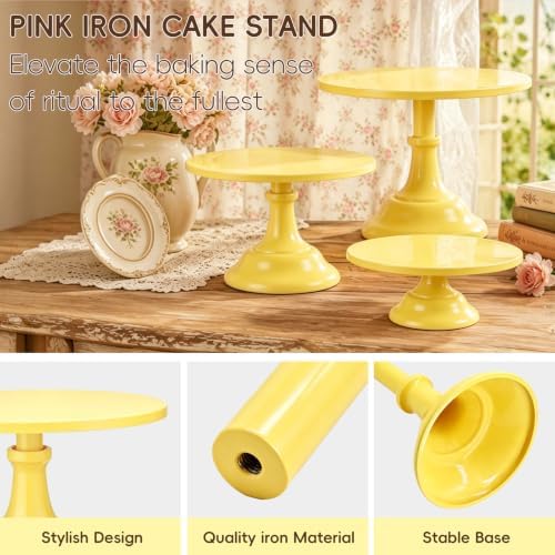 3 PCS Yellow Round Cake Stand Set, Multi Size Metal Cupcake Holders Stand for Birthday Wedding Banquets, Pastry Display Holders for Holiday Party Dessert Display Table Decor (8"/10"/12" Plate) - Image 5