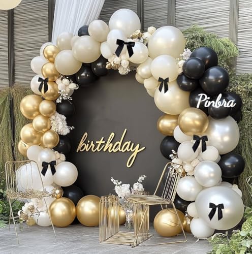 Black White Gold Bow Balloon Arch Double Stuffed Pearl White and Sand Balloon Garland Cream Ivory Sand Latex for Birthday Bridal Shower Wedding Baby Shower Party Decorations by Pinbra