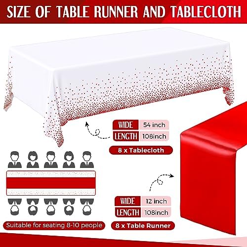 Tudomro 16 Pack White and Red Plastic Tablecloths Satin Runner Set - Image 2