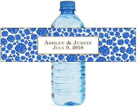 100 Blue & Gold Foil Frame Wedding Anniversary Engagement Party Water Bottle Labels Bridal Shower Birthday - Image 2
