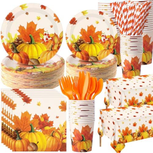 Ceenna 452 Pcs Fall Party Supplies Plates Napkins Cups Tablecloth Serves 50 by Ceenna