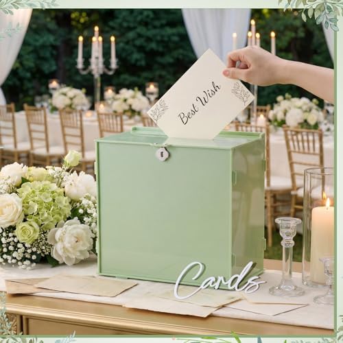 BreezeHug 10" Sage Green Acrylic Wedding Card Box with Lock & 3D Letters - Image 2