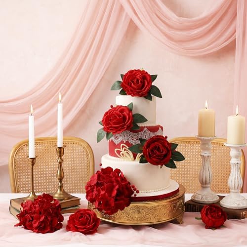 Suncalla 60 Pcs Assorted Silk Artificial Flowers, Faux Fake Full Hydrangea Peony Rose Bouquet with Leaf Stem for Wedding Centerpiece Bridal DIY Craft Baby Shower Party Decor(Red) - Image 4