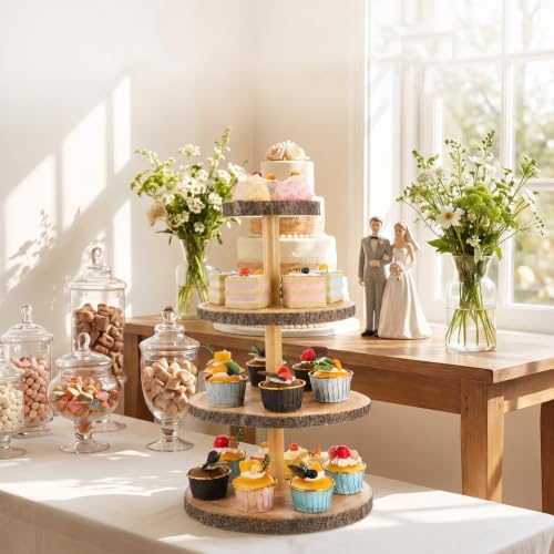 2 Pack Wood Cupcake Stand, 3 Tier Wood Cake Stands, Round Tiered Tray Stand, Large Rustic Cake Display Holder Stands, 3 Tier Wooden Cupcake Tower for Woodland Baby Shower, Wedding, Birthday, Tea Party - Image 5