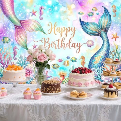 10X8Ft Mermaid Happy Birthday Backdrop Purple and Pink Princess Girls Birthday Party Decorations Starfish Shells Ocean Girls Baby Shower Banner Cake Smash Decor Photo Booth Props - Image 4
