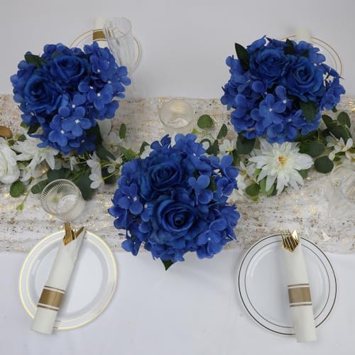 Royal Blue Flower Table Centerpieces, Set of 6, Rose & Hydrangea - Image 6
