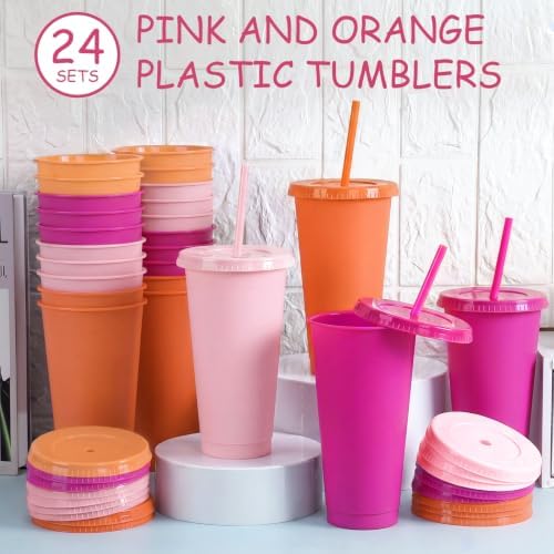 Skylety 24 Pcs Pink Orange Plastic Cups with Lids and Straws 24 oz - Image 4