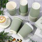 Whaline 100 Pcs Sage Green Disposable Coffee Cups with Lids 12 Oz Solid Green Paper Cups Corrugated Ripple Wall Insulated Hot Cup for Home Office Party Supplies - Image 3