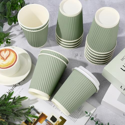 Whaline 100 Pcs Sage Green Disposable Coffee Cups with Lids 12 Oz Solid Green Paper Cups Corrugated Ripple Wall Insulated Hot Cup for Home Office Party Supplies - Image 3