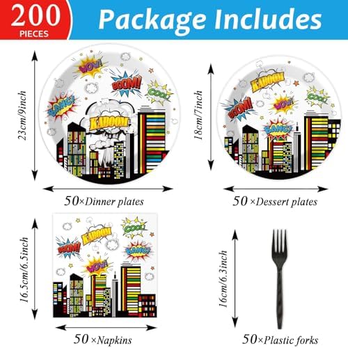 200pcs Super Party Plates Napkins Forks Hero Theme Party Tableware Set Hero Action Sign Party Disposable Paper Dessert Cake Dinnerware Boy Girl Happy Birthday Party Baby Shower Decor Supplies Serve 50 - Image 3