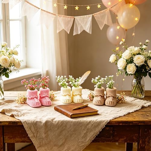 3 Sets Baby Shower Centerpieces, Knitted Booties with Artificial Flowers - Image 5