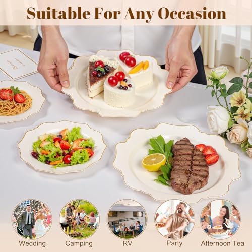 WDF 200PCS Ivory Plastic Plates with Gold Rim - Cream Plastic Plates - Include 100 Dinner & 100 Dessert Fancy Disposable Plate for Party - Heavy Duty Plate for Wedding/Baby Shower - Image 4