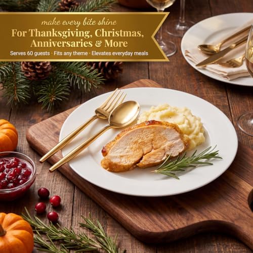 Rubtlamp 180Pcs Gold Plastic Silverware,Luxury Gold Plastic Cutlery,Heavy duty Golden Disposable Flatware, Utensils Set Disposable Include 60Gold Forks,60Gold Spoons,60Plastic Knives for Party,Wedding - Image 6