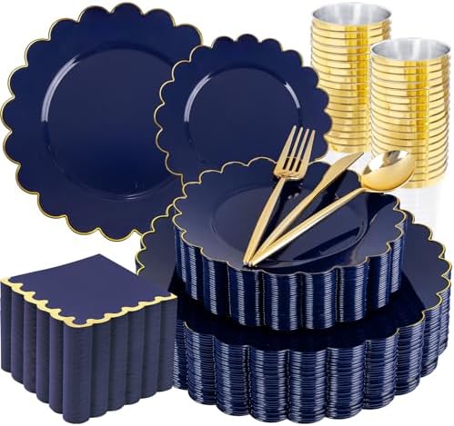 LIYH 210pcs Navy Blue & Gold Scalloped Plastic Plates, Premium Dinnerware by LIYHLoveinyourheart