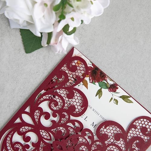 20Pcs Burgundy Laser Cut Wedding Invitation Cards With Envelopes - Image 6