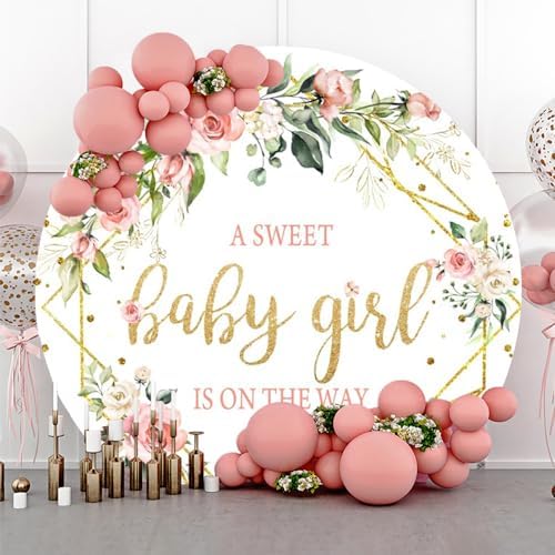 Baby Shower Round Backdrop Cover 6.5ft Boho Pink Floral Girls Circle Background Flowers Green Leaves A Sweet Baby Girl is On the Way Baby Shower Party Decoration Banner Photo Studio Prop - Image 2
