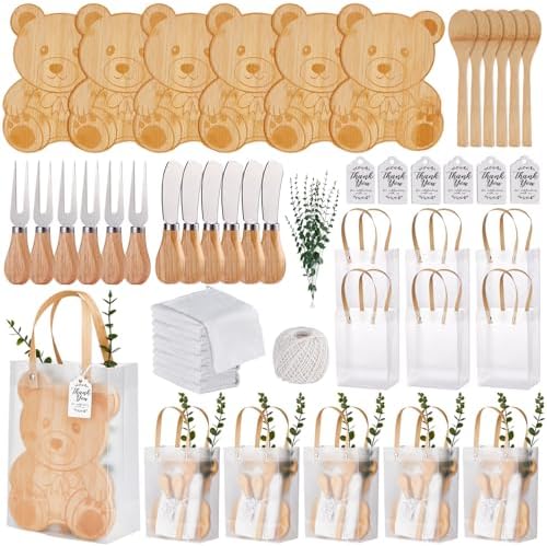 55Pcs Baby Shower Prizes for Game Winners 6 Sets Bear Shaped Cheese Board Gift with Spoons Butter Spreaders Gift Bags Kitchen Towels Bridal Shower Party Favors for Guests (Bear Shaped, 6 Sets) by WishFond