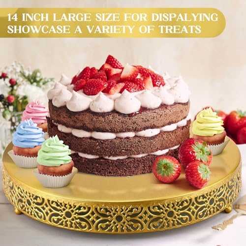 Wenqik 14 Inch Cake Stand, Metal Round Cake Stands Set with Modern Design White Dessert Display Cupcake Stands Plates Fruit Serving Tray for Wedding Birthday Baby Shower Party (Gold) - Image 2