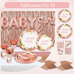 Guudmua 301Pcs Baby Shower Decorations For Girl, Girl Baby Shower Decorations Kits - Disposable Dinnerware Set With Pink Rose Gold Floral (50 Guest), "BABY girl" Banner, Balloon, Sash, Cake Topper - Image 4