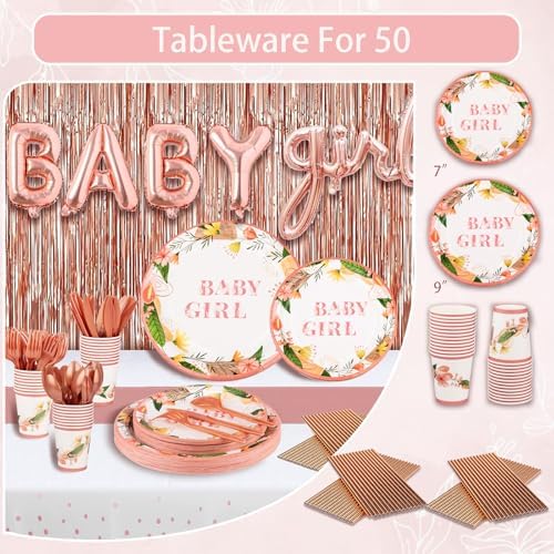 Guudmua 301Pcs Baby Shower Decorations For Girl, Girl Baby Shower Decorations Kits - Disposable Dinnerware Set With Pink Rose Gold Floral (50 Guest), "BABY girl" Banner, Balloon, Sash, Cake Topper - Image 4