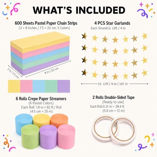 612 Pcs Paper Chain Garland Kit, 600 Sheets Pastel Paper Chain Strips with 6 Rolls Pastel Crepe Paper Streamers and 4 Mirror Star Garlands for Birthday Wedding Party Decorations - Image 3