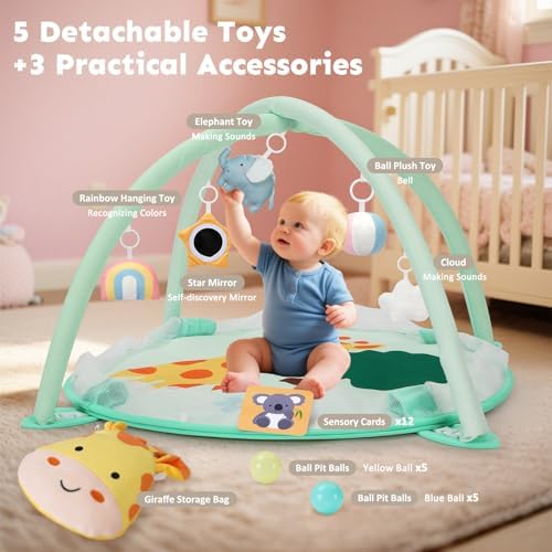 7-in-1 XL Large Baby Play Gym Mat, Tummy Time Mat, Baby Gym & Ball Pit, Baby Activity Mat with Milestone Cards & 6 Detachable Toys for Sensory Motor Skill, Giraffe - Image 3