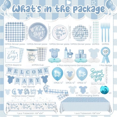 Blue Baby Shower Decorations Boy Blue Gingham Baby Shower Party Decor - Image 2