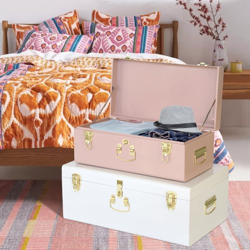 Vixdonos Metal Trunk Decorative Storage Box Set of 2 College Dorm Chest with Handle (Pink and White) - Image 4