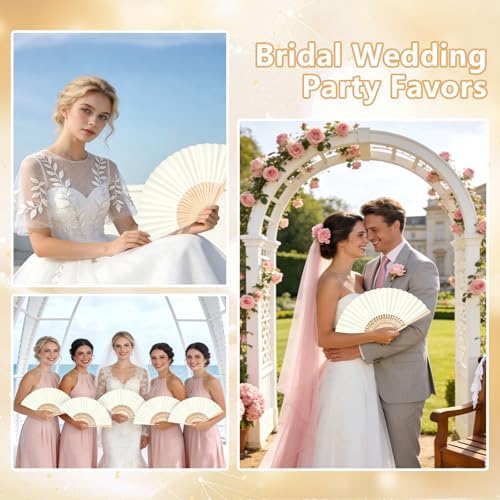 50Set Wedding Hand Fans Party Favors Cream Paper Folding Handheld Fans Bulk, DIY Bamboo Fans with Thank Tag Organza Bag for Summer Guests Bridal Dancing Props Church Decoation - Image 7