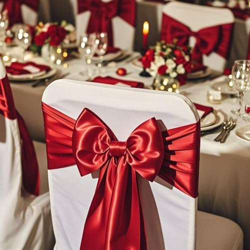Pack of 50 Wedding Satin Chair Sashes Red Bows 7x108inch Ribbon Fabric Bands for Banquet Party Hotel Restaurant Ceremony Event Chairs Knots Ties Decorations - Red, 50PCS - Image 3
