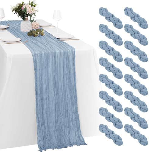 16 Pack Dusty Blue Cheesecloth Table Runners 20x120 Inch Gauze Table Runner Cheese Cloth 10FT Blue Table Runner Rustic Sheer Runner for Wedding Baby Shower Birthday Party Table Decor by Yorcari