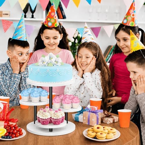ELITEROO 4 Tiered Wooden Cupcake Stand, Round cake and cupcake stand combo with serving Tray, 360°Rotating Dessert Tower for Pie Table Display Rack for Wedding Birthday Baby Shower Tea Party, White - Image 4