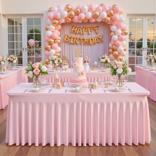 6 Pack Pink Spandex Tablecloths for Rectangle Tables 8 Foot Pink Stretch Table Cloth Rectangle 8ft Elastic Fitted Table Cover with Skirt for Wedding Baby Shower Girl Birthday Party Banquet Buffet - Image 6