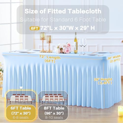 8 Pack Baby Blue Table Cloth for 6 Foot Rectangle Tables Spandex Fitted Tablecloth 6ft Stretch Table Covers Skirt Baby Blue Banquet Tablecloths Wrinkle Free Tablecloth for Party Wedding Birthday Event - Image 6