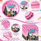 Funnymoom 219 Pcs Pink Hero Birthday Party Decorations Girl Pink Comic Hero Plates Napkins Cups Tablecloth Cutlery Straw Disposable Tableware Set for Birthday Baby Shower Party Supplies, Serves 24 - Image 3