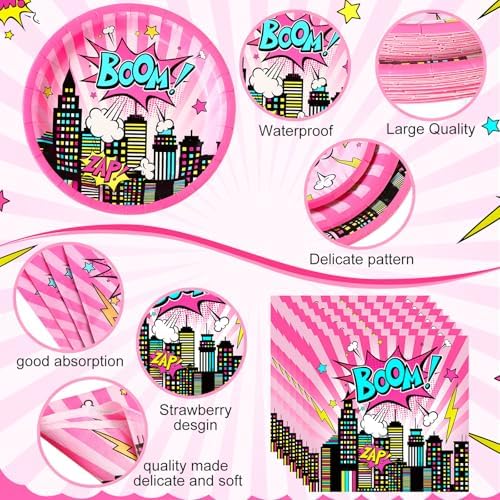 Funnymoom 219 Pcs Pink Hero Birthday Party Decorations Girl Pink Comic Hero Plates Napkins Cups Tablecloth Cutlery Straw Disposable Tableware Set for Birthday Baby Shower Party Supplies, Serves 24 - Image 3