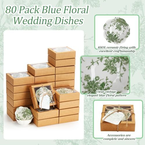 Teenyyou 80 Pack Wedding Favors for Guests Small Ceramic Bowls Bulk Gifts Set 3.3 Inch Sage Green Verdure Design Mini Dipping Bowl Sauce Dish with Cards Box for Party Shower Favor Souvenir - Image 3