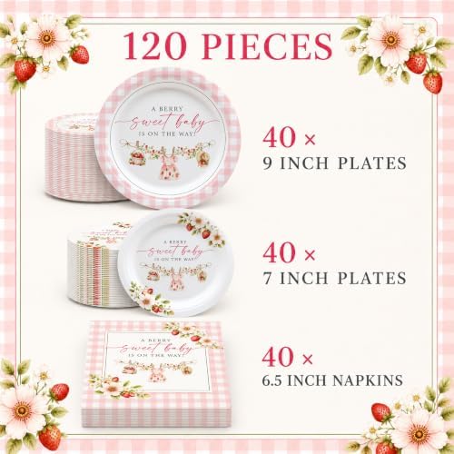 40 Guests Berry Sweet Baby Shower Plates and Napkins, Strawberry Party Set - Image 2