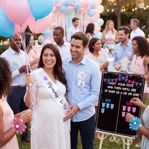 Thiccywoov Gender Reveal Decorations 40 Button Pins 40 Gender Reveal Sequins Bracelets Sash and Tinplate Badge Mommy to Be and Daddy to Be 54 Voting Boy or Girl Games Party Supplies - Image 4