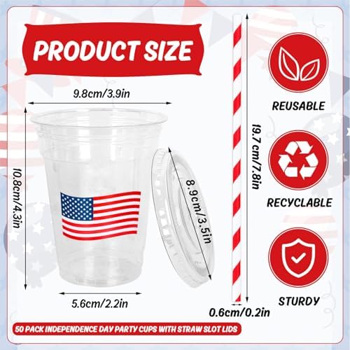 Whaline 50Pcs 12Oz Patriotic Disposable Plastic Cups with Lids and Straws 4th of July American Flag Cold Beverage Drinking Cups for 250th Anniversary Independence Day Party Supplies - Image 2