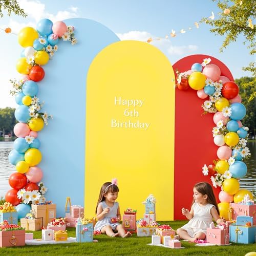 Red Yellow Blue Arch Backdrop Cover 3 Set-7.2FT, 6.6FT, 6FT Spandex Fitted Wedding Arch Stand Covers for Baby Shower Birthday Party Wedding Ceremony Photo Balloon Arch Stand Background Decorations - Image 3