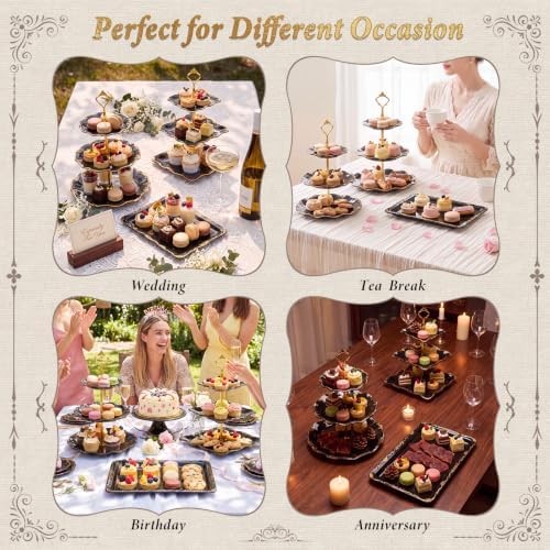 10 Pcs Cupcake Stand,Dessert Table Display Set with Gold Rim,3 x Three-Tier and 3 x Two-Tier Cake Stands,4 x Appetizer Serving Trays for Birthday, Wedding, Baby Shower,Tea Party (Black) - Image 7